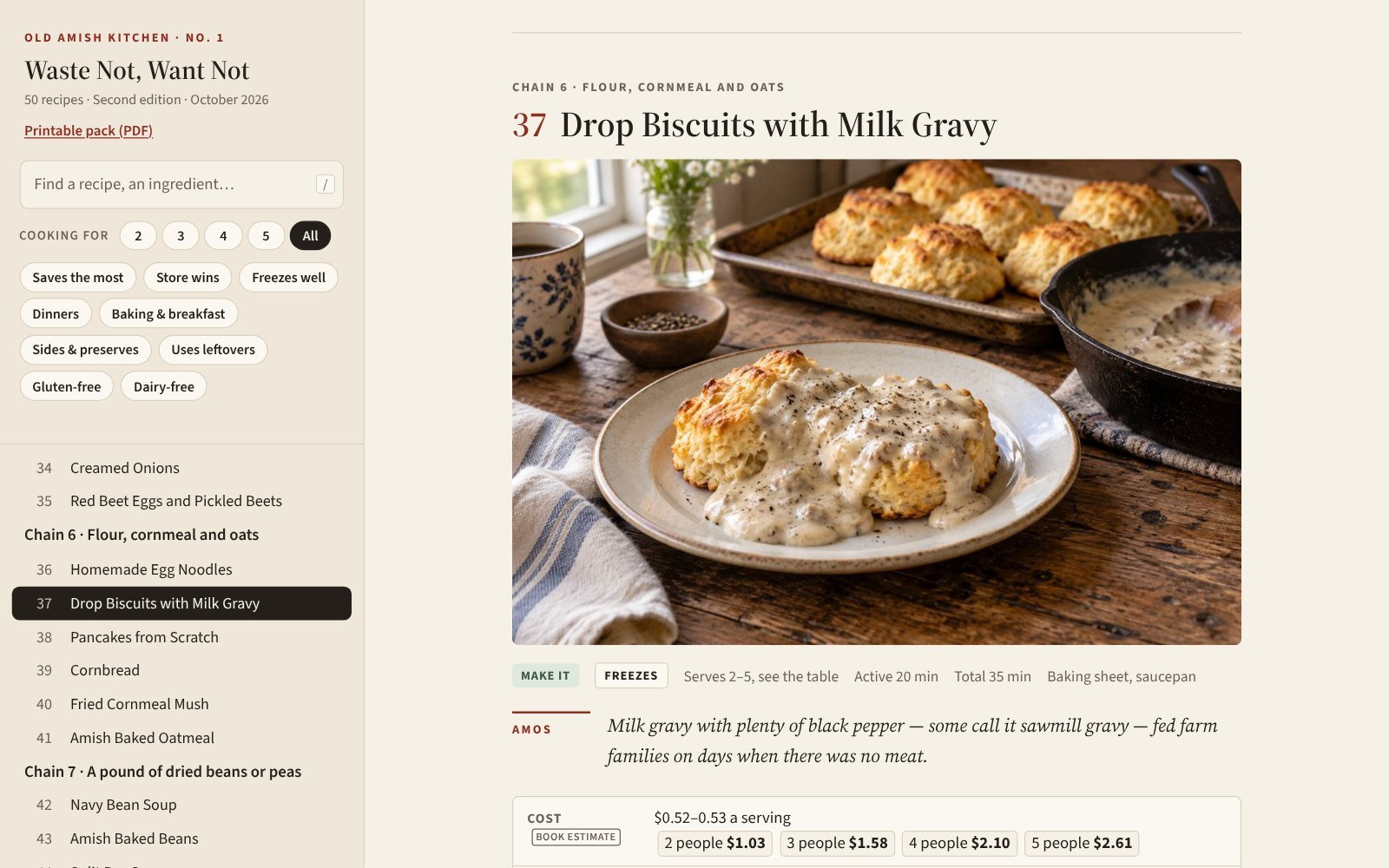 The browser edition on a computer: contents, search and filters on the left, the drop biscuits with milk gravy recipe on the right